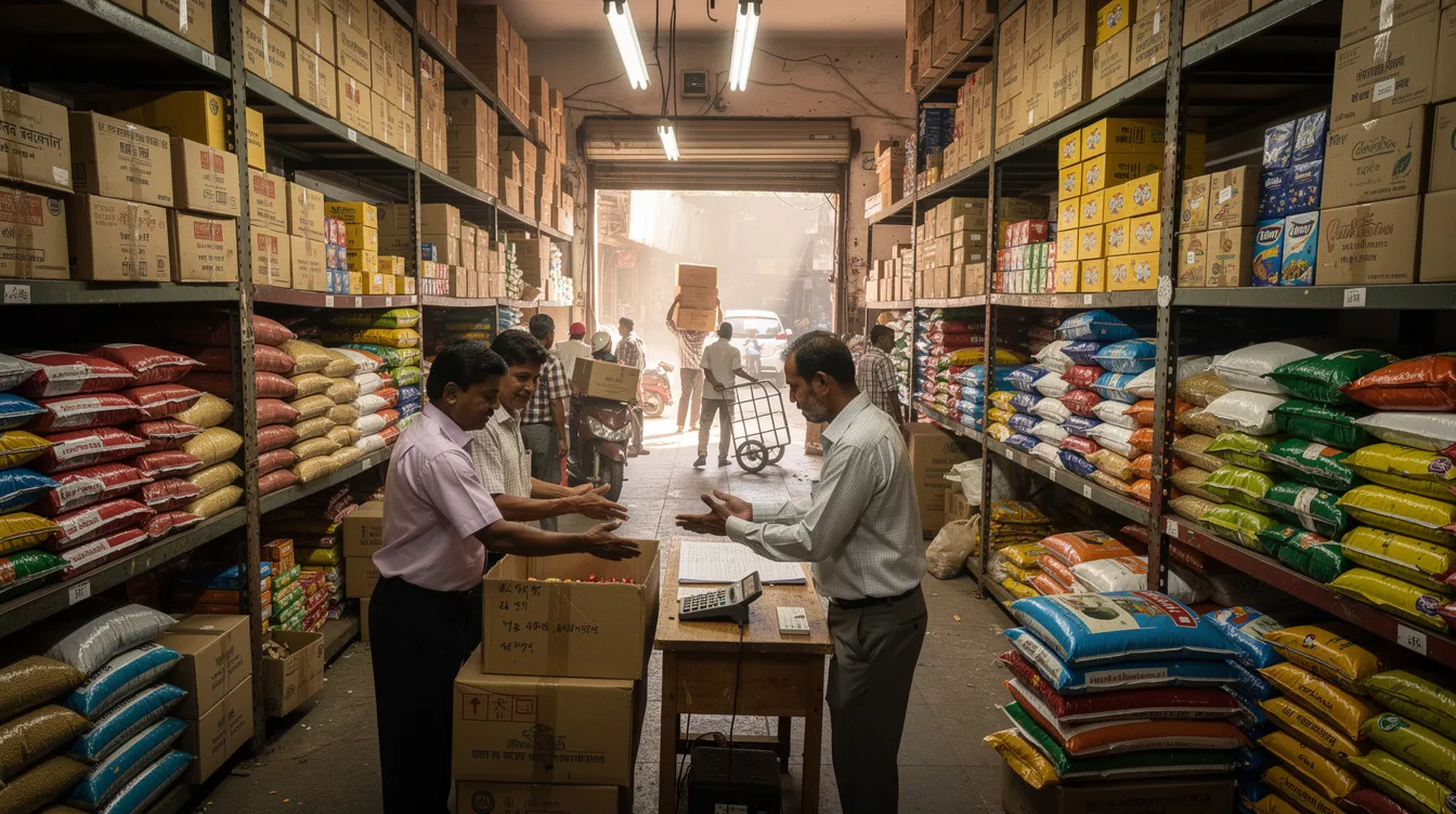 The image depicts a bustling Indian wholesale market filled with stacked boxes and goods neatly arranged on shelves, as traders engage in negotiations. This vibrant scene highlights the dynamic nature of wholesale distribution businesses, showcasing a variety of products and the lively interactions that drive the wholesale business in India.