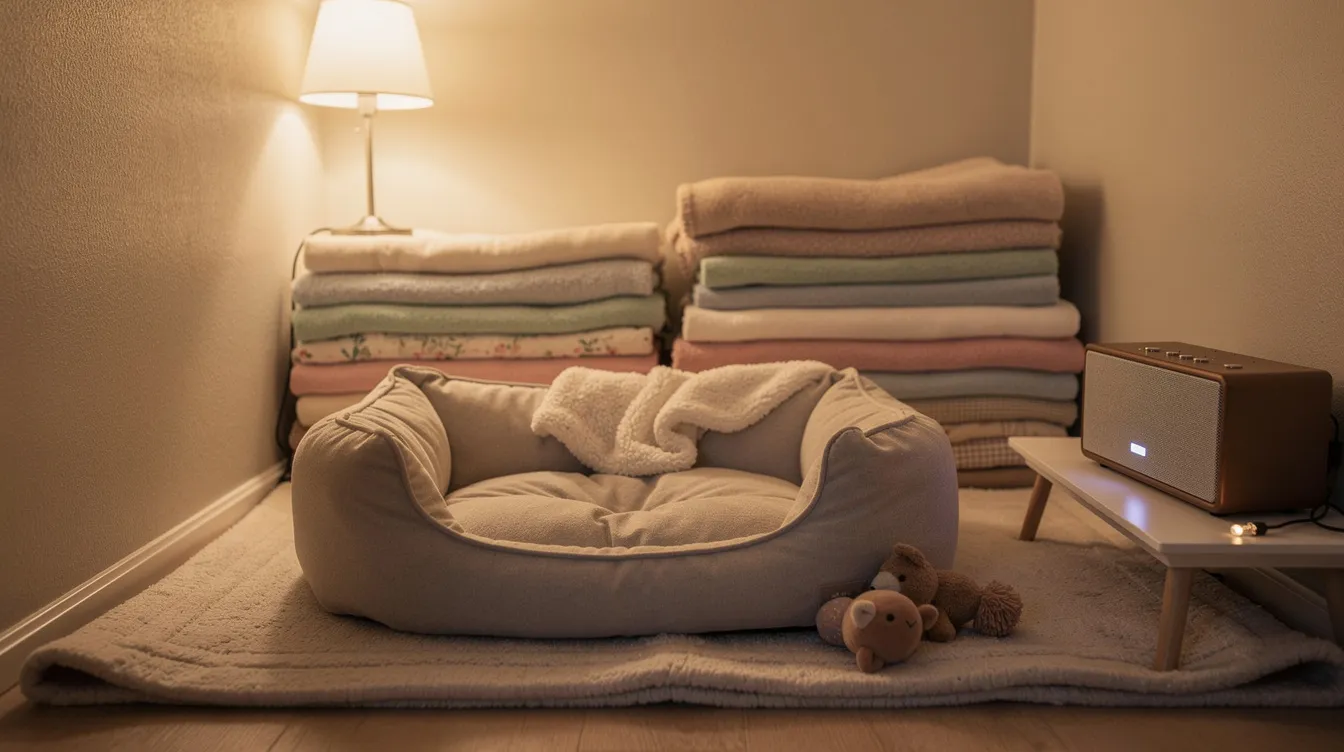 The image depicts a small cozy closet transformed into a safe space for pets, featuring a comfortable dog bed, soft blankets, and a small speaker playing calming classical music to help keep furry friends calm during loud noises like thunderstorms or fireworks. This setup encourages dogs to feel safe and relaxed, providing a comforting retreat when anxiety arises.