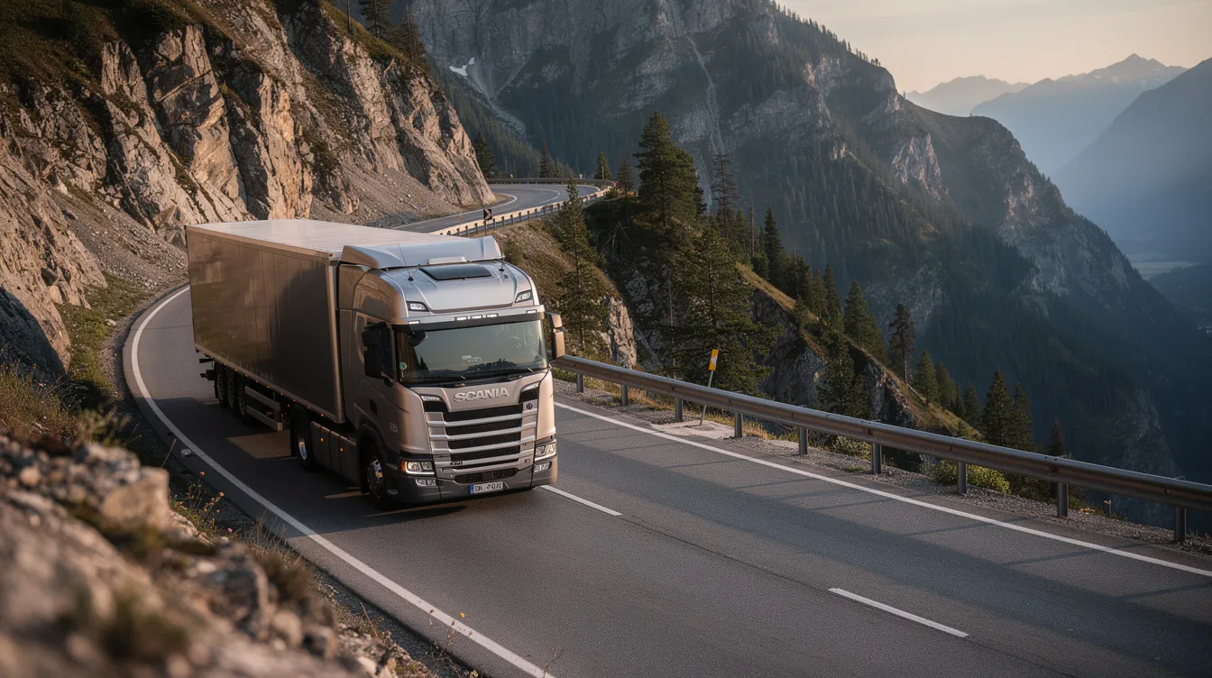 The image depicts a large semi truck carefully navigating a steep downhill mountain road, characterized by sharp curves and safety guardrails along the edges. This scene highlights the challenges faced by truck drivers in Colorado Springs, where truck accidents can lead to serious injuries and complex legal cases involving trucking companies and accident claims.
