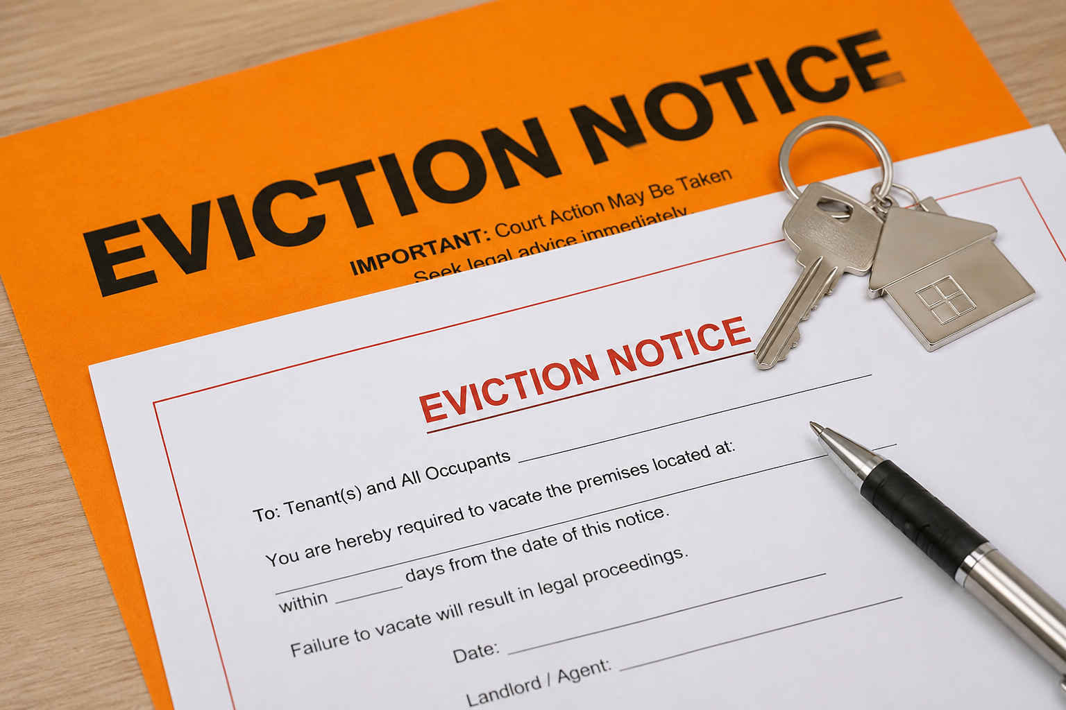 Eviction notice with a residential lease agreement and house keys illustrating the eviction process for Ohio landlords.