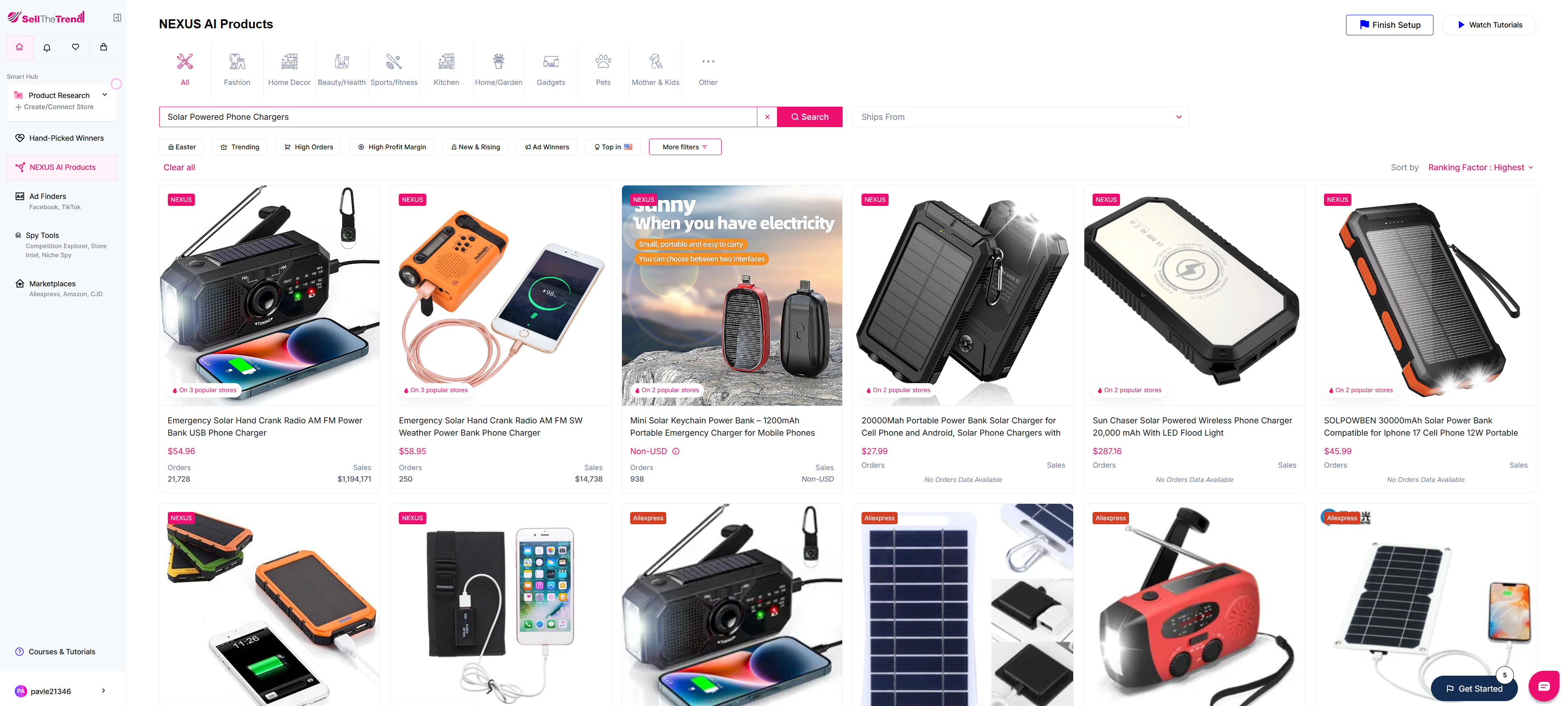using sell the trend to find solar powered phone chargers
