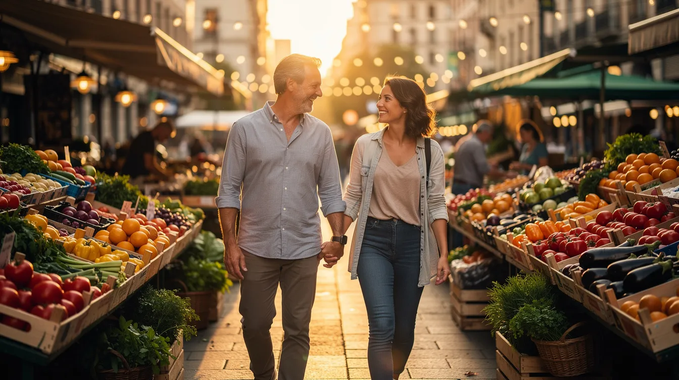 A couple strolls hand-in-hand through a vibrant city market, surrounded by an array of colorful produce, as the warm evening light casts a romantic glow. This scene captures the essence of cultural diversity and the joyful moments that can be shared in a relationship, reminiscent of the close-knit family values often cherished in Latino culture.