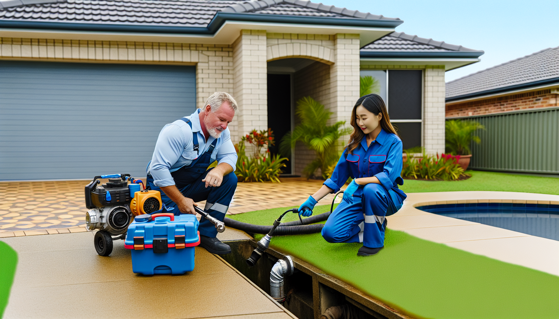 Local drain cleaning experts working on a clogged drain