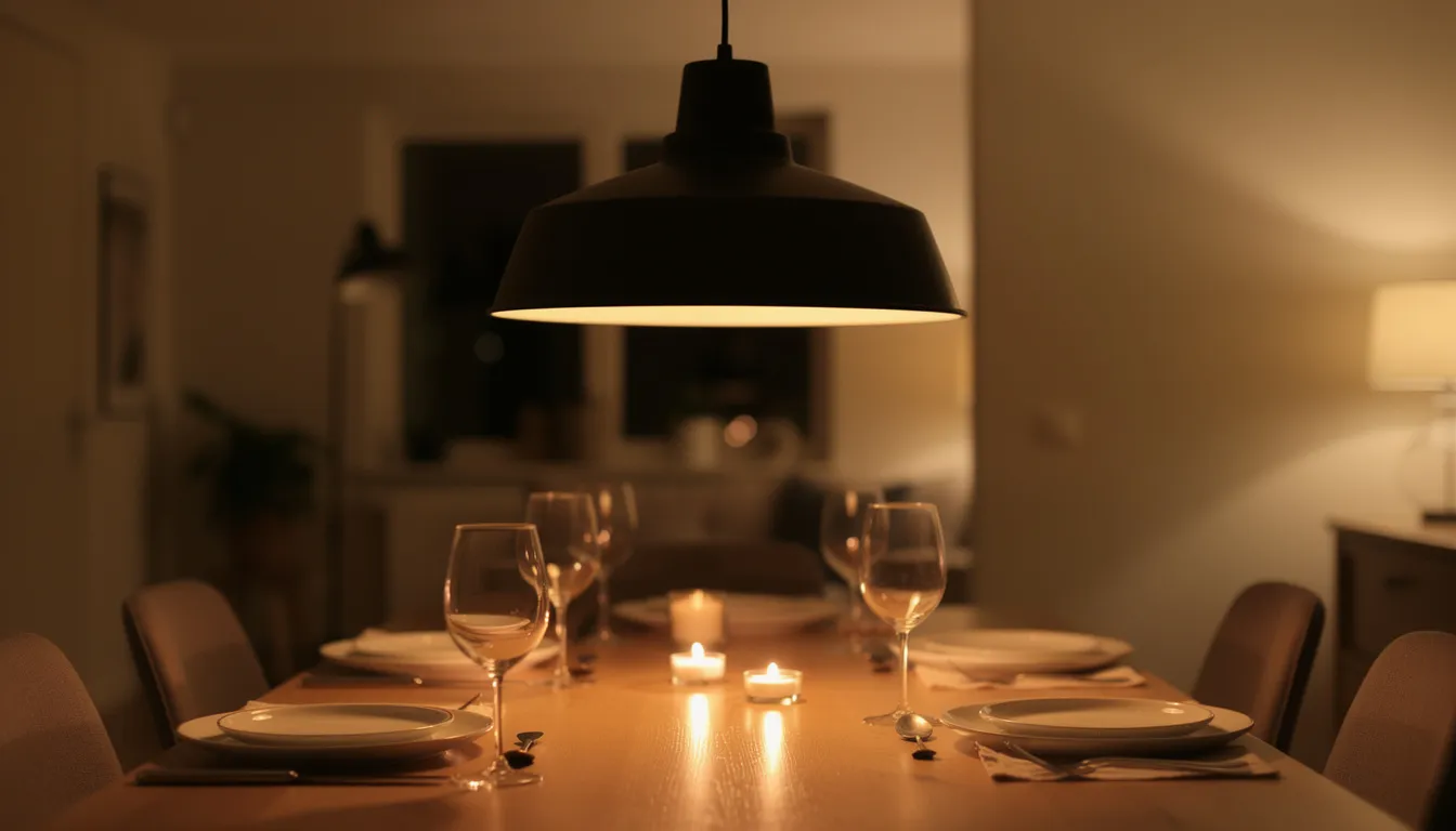 Een sfeervolle hanglamp van zwart metaal hangt boven een gedekte eettafel, verlicht door kaarslicht, wat een gezellige en landelijke uitstraling creëert. De combinatie van natuurlijke materialen en de warme sfeer nodigt uit tot een ontspannen maaltijd in een moderne, landelijke eetkamer.