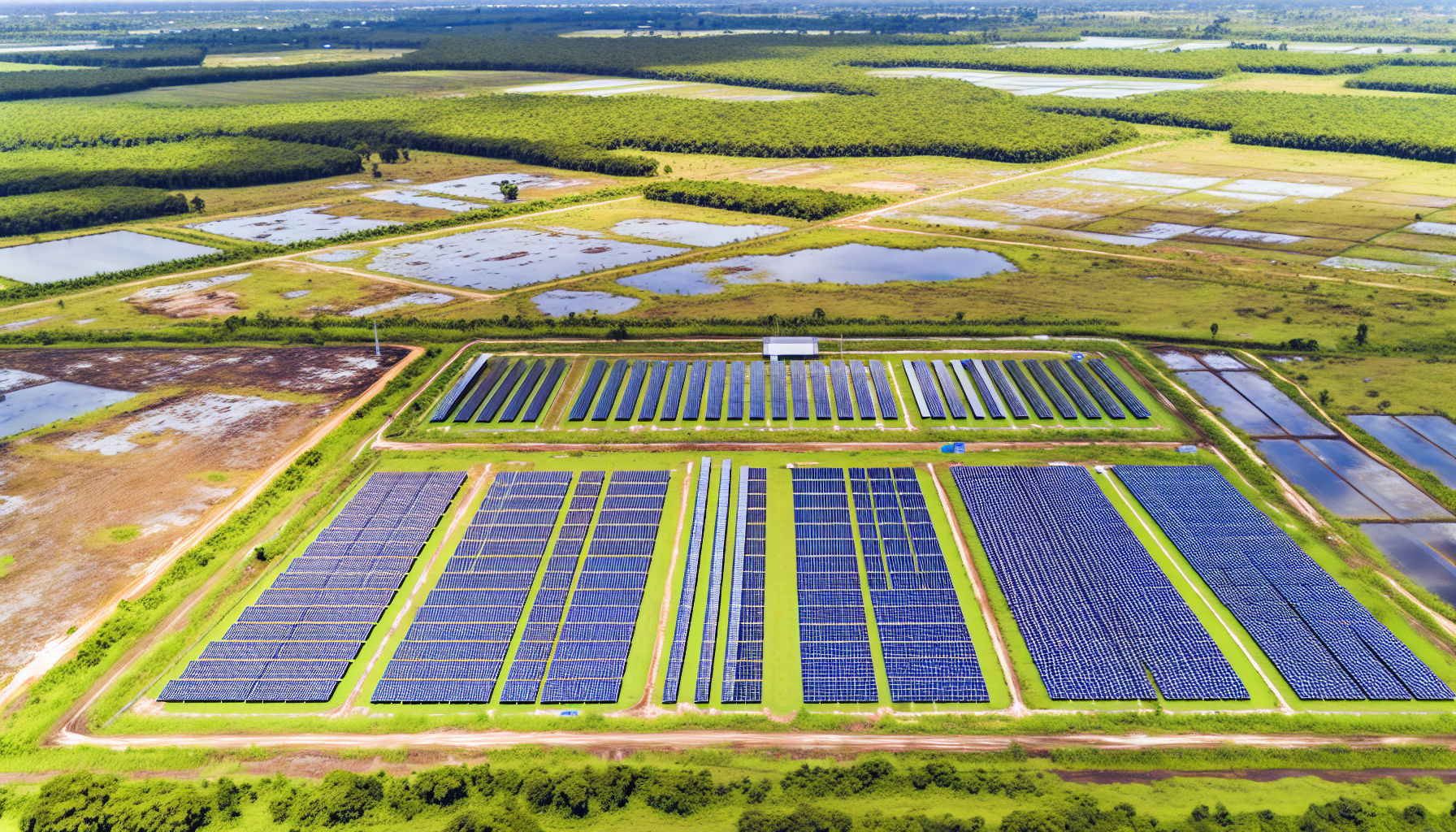 Aerial view of solar panels in a rural area