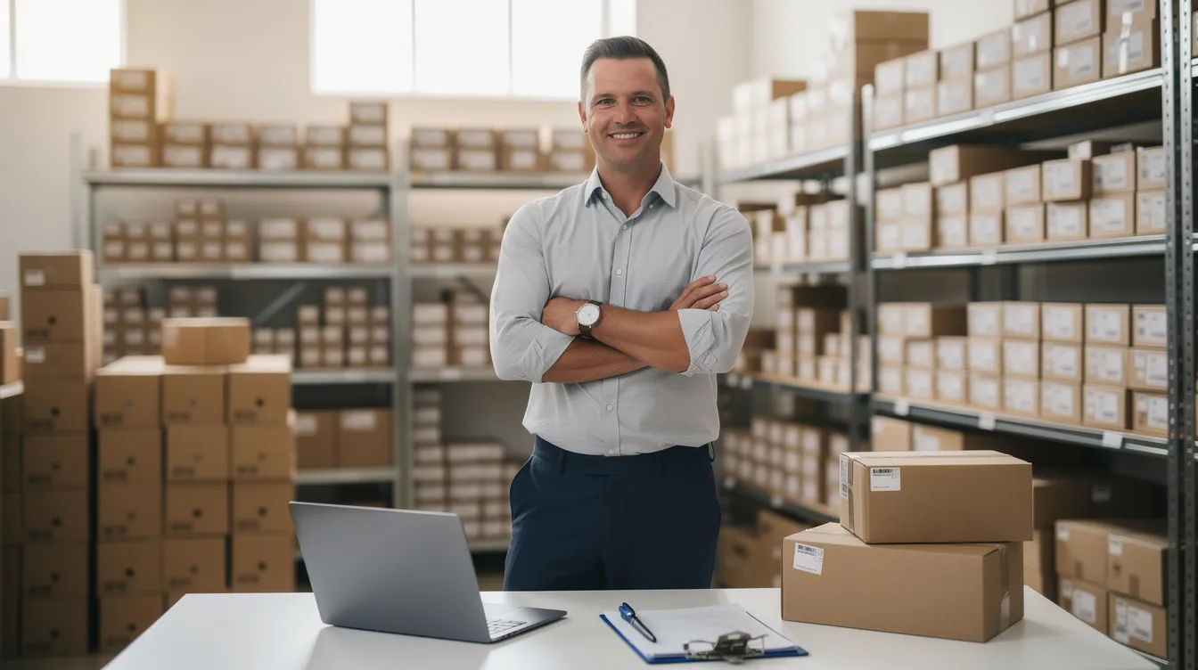 The image depicts a confident small business owner in a professional setting, exuding success after securing business funding. They appear engaged in their wholesale business, showcasing a sense of professionalism and determination to find the best possible solutions for their clients.