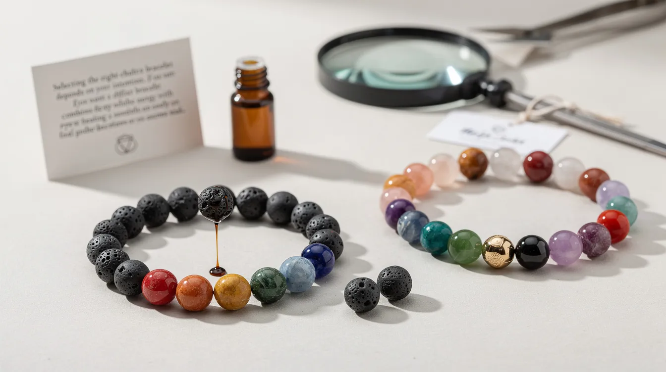 The image features a selection of chakra bracelets, showcasing various designs made from materials like lava stone and gemstones, each representing different energy centers such as the root chakra and crown chakra. These bracelets are ideal for those looking to balance their chakras while incorporating aromatherapy with essential oils through the porous lava beads.