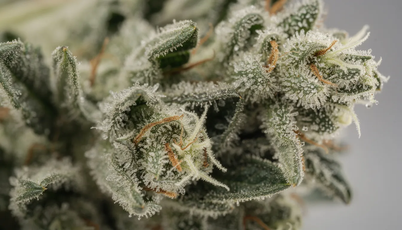 Die Nahaufnahme zeigt Cannabisblüten mit deutlich sichtbaren Trichomen und Harzdrüsen, die die besonderen Eigenschaften und das Potenzial der Cannabispflanze verdeutlichen. Diese Blüten sind reich an Cannabinoiden und bieten einen Einblick in die Qualität und Reinheit von Premium THCA Produkten.