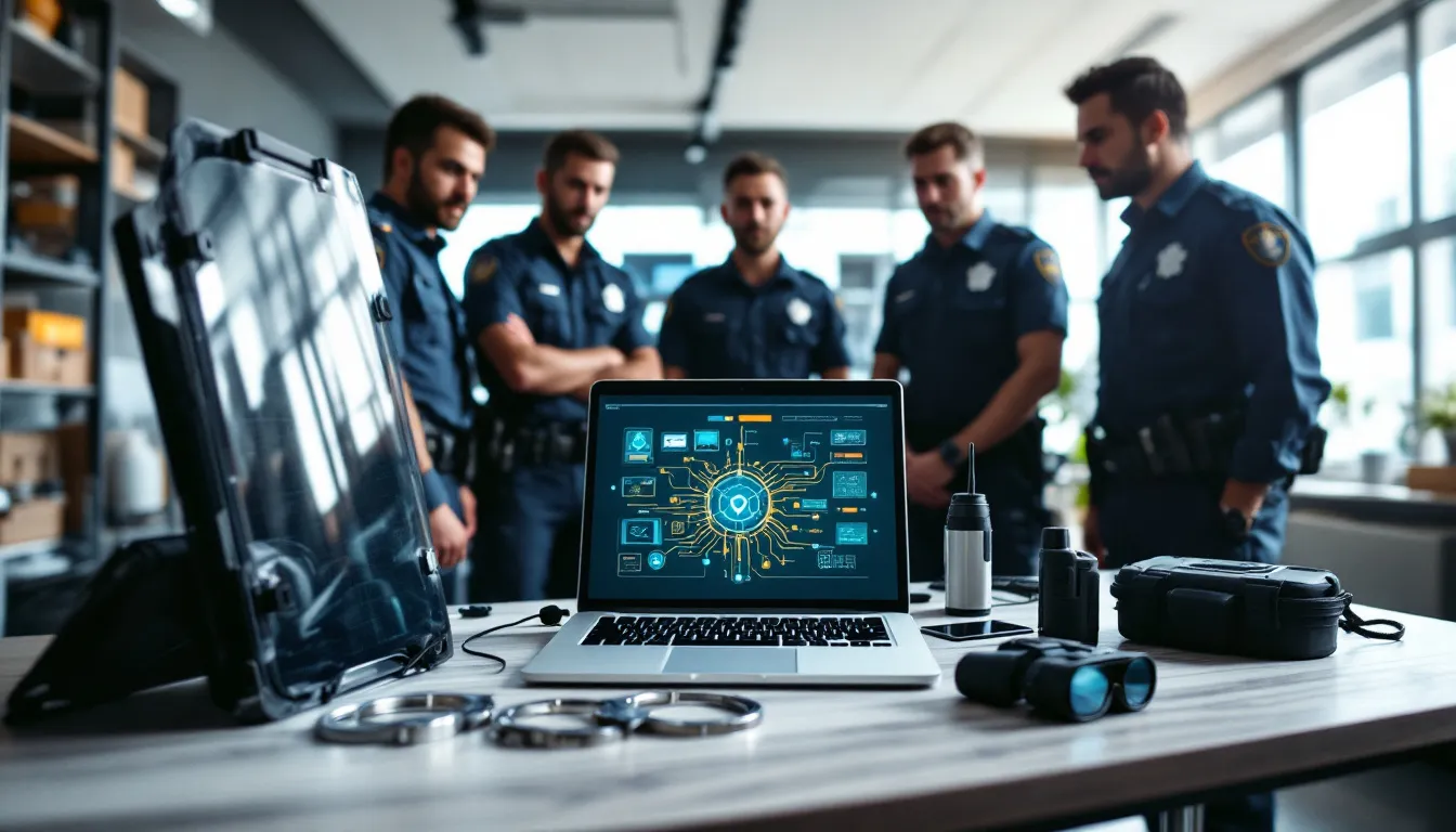 The image showcases various security tools designed for law enforcement officers, including body worn cameras, protective gear, and automatic license plate recognition systems. These tools aid police officers in criminal investigations, improve operational efficiency, and enhance public safety by providing real-time intelligence and resources to combat crime effectively.