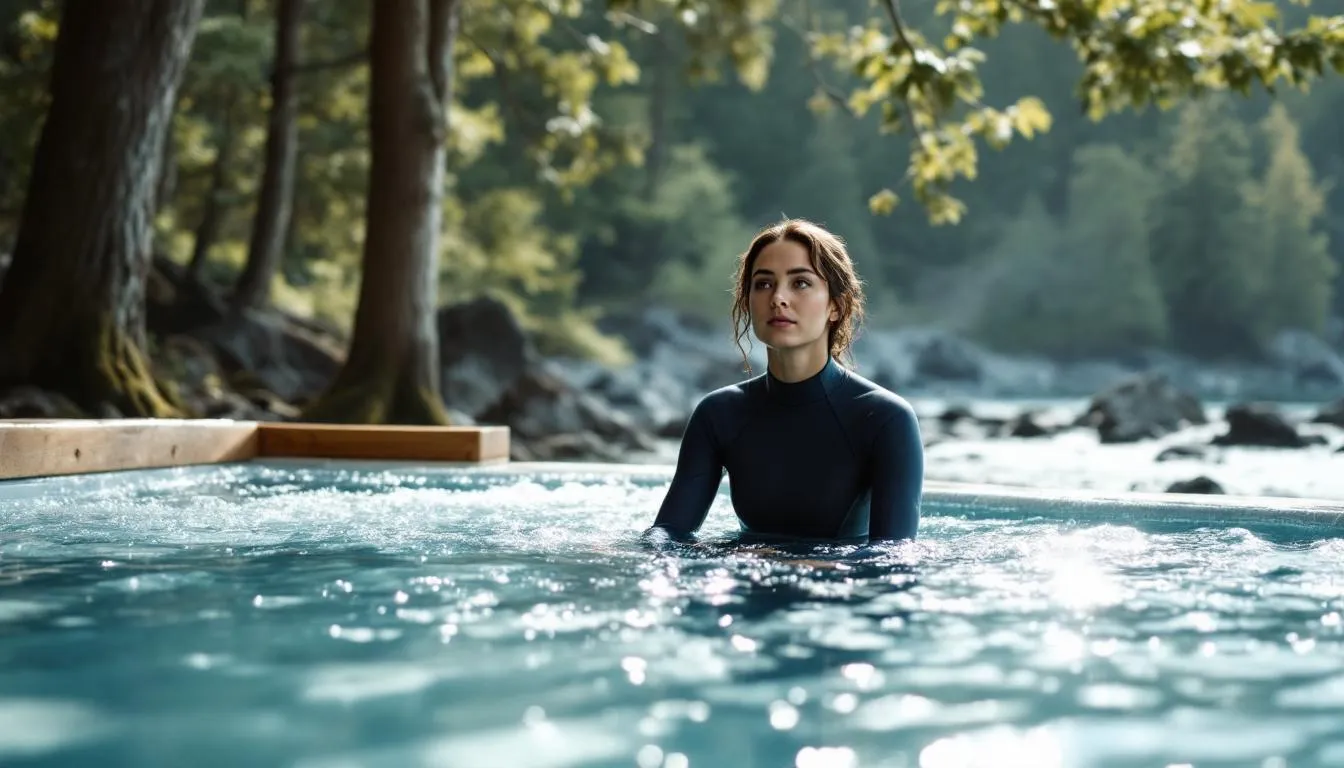 The image depicts a serene cold plunge pool surrounded by natural elements, suggesting a tranquil environment for cold exposure. This setting is ideal for enhancing creative problem solving and mental clarity, inviting individuals to immerse themselves in cold water for a refreshing boost to their creative process.