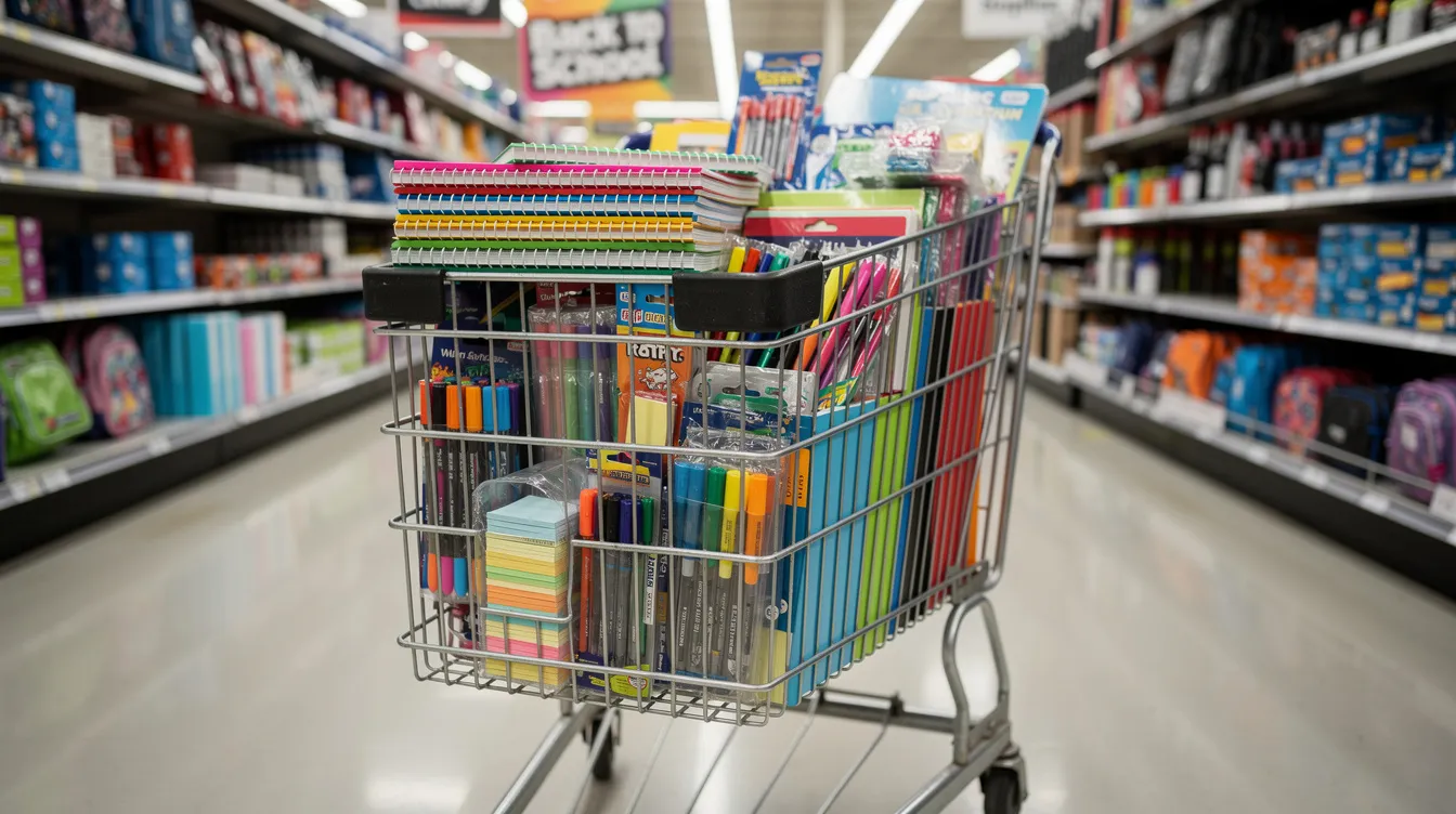 A shopping cart brimming with essential school supplies, including notebooks, pens, and folders, is positioned in a brightly lit store aisle, ready for back to school shopping. This image captures the excitement of preparing for the new school year while keeping an eye on the budget.