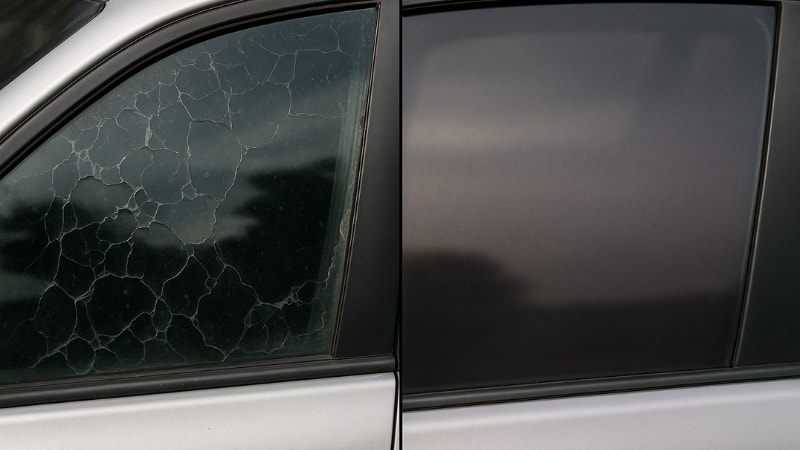the left side window tint is breaking while the right side window tint is fading