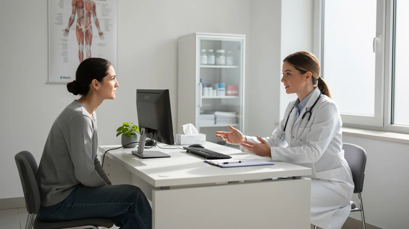 The image depicts a clinical consultation room where a patient is seated across from a medical professional at a desk, discussing options for body contouring surgery to address issues like sagging skin and excess skin removal after significant weight loss. The atmosphere is professional and focused on the patient's aesthetic concerns and health goals.