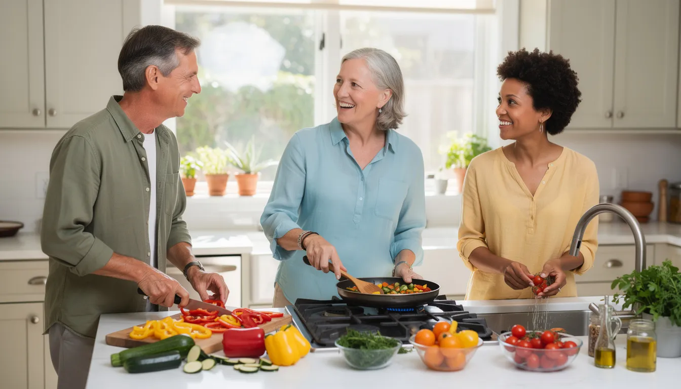 Three adults are joyfully cooking together in a bright kitchen, preparing a colorful vegetable-based meal that reflects the healthy behaviors found in blue zones. Their smiles and conversation highlight the importance of social connections and a plant-based diet for a long and healthy life.