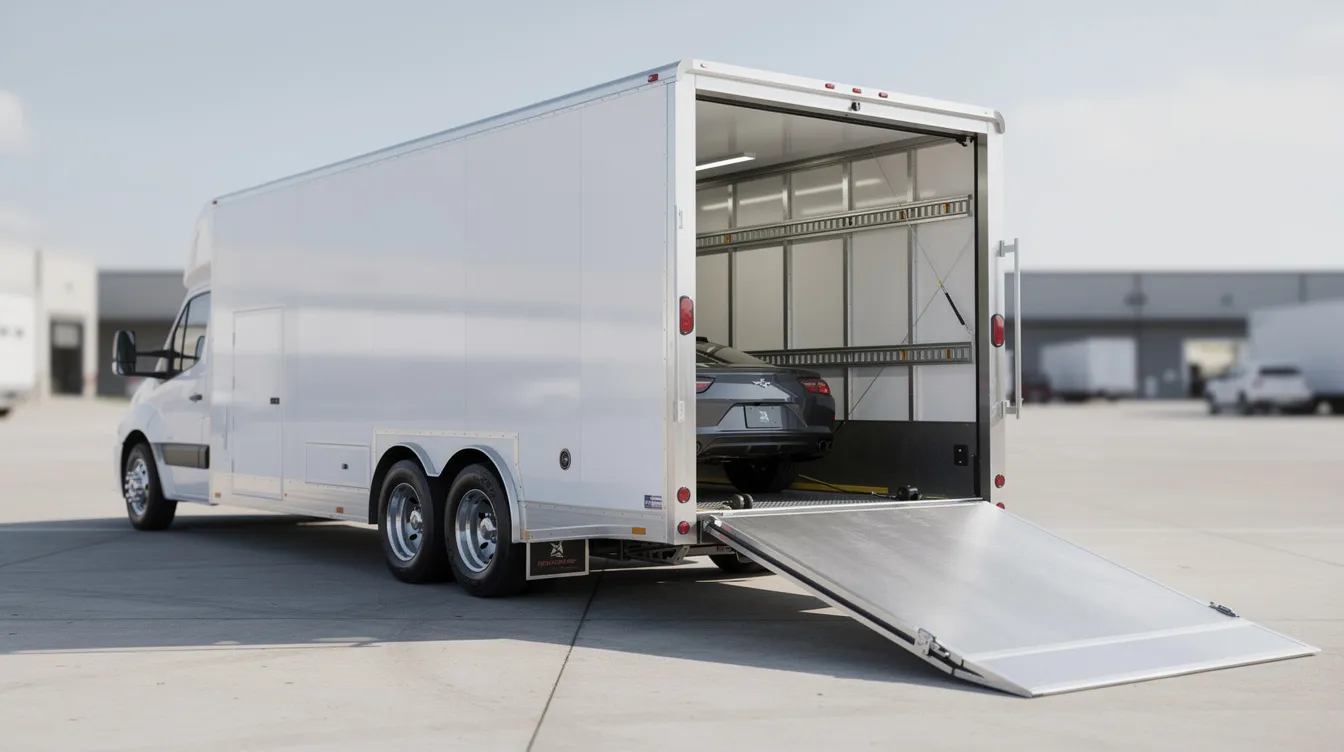 The image shows an enclosed car transport trailer with sturdy metal walls, designed to protect vehicles during transit. This type of auto transport is ideal for shipping luxury or classic cars, ensuring they arrive in the same condition as they were loaded.