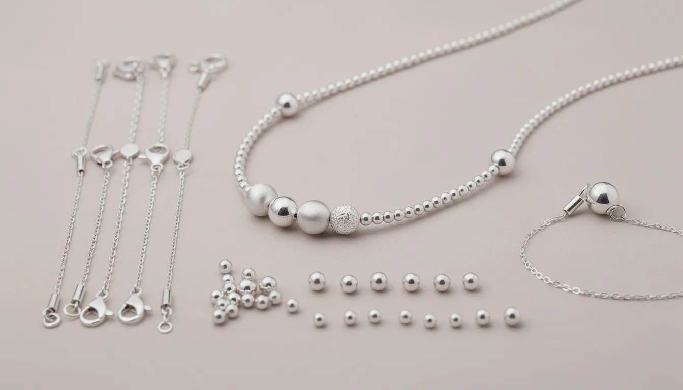The image features a beautifully arranged collection of sterling silver necklaces adorned with various sizes and finishes of silver beads, showcasing the stunning designs that can be created for any occasion. Each piece highlights the excellent quality of the materials, making them perfect gifts for loved ones or a lovely addition to your everyday look.