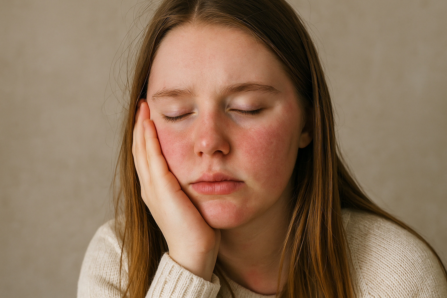Utmattet kvinne med røde kinn – typisk ved kyssesyke.