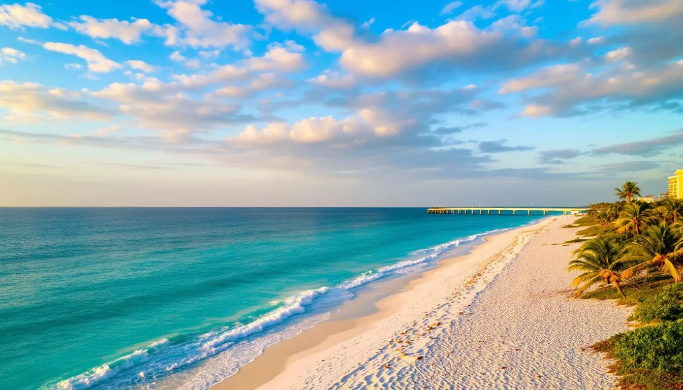 A scenic view of Fort Myers Beach showcases the pristine coastline, with soft white sand and gentle waves, easily accessible from Catalina Isles. This picturesque setting highlights the beauty of South Fort Myers, making it an attractive option for those interested in homes for sale in the area.