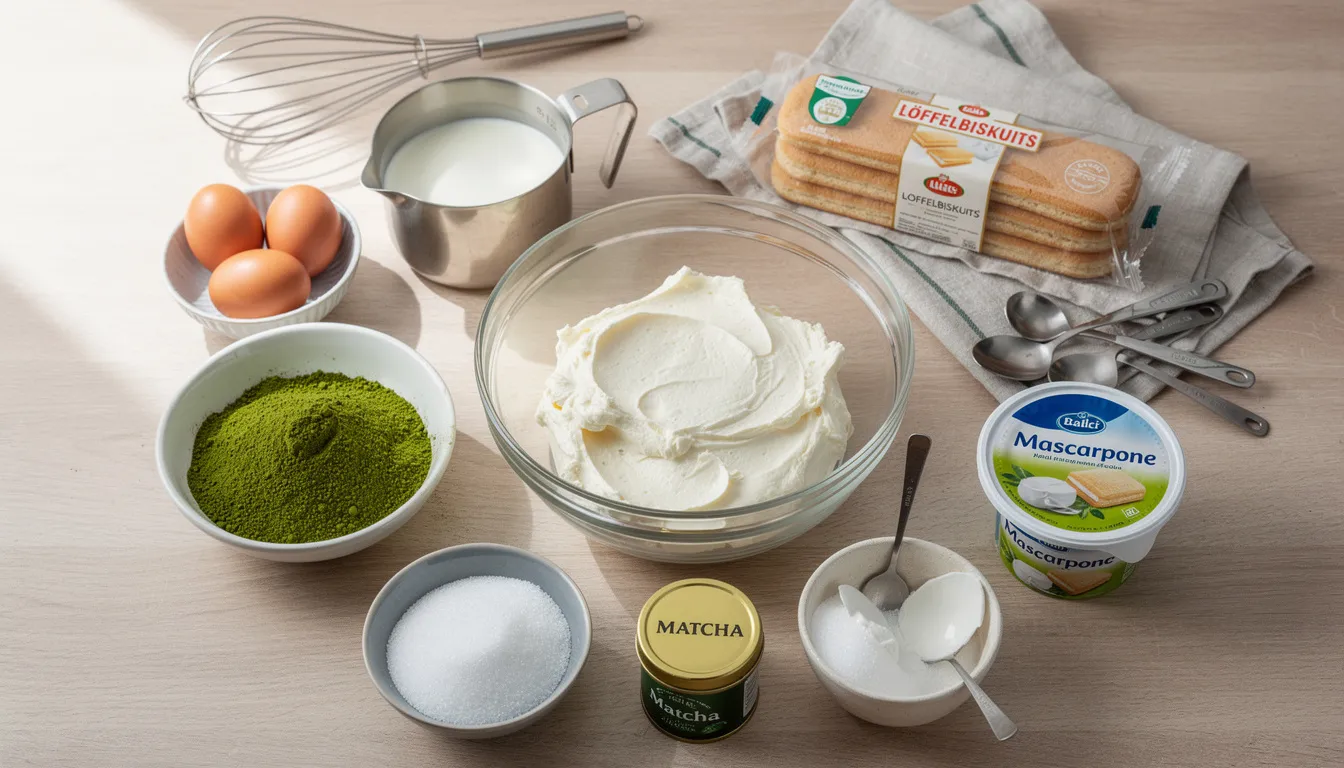 Auf der Küchenarbeitsplatte sind alle Zutaten für ein köstliches Matcha-Tiramisu arrangiert, darunter Matcha-Pulver, Löffelbiskuits, Mascarpone und frische Himbeeren. Die Schüsseln und Messbecher sind bereit für die Zubereitung des italienischen Klassikers, während die Farben der Zutaten ein einladendes Bild für ein leckeres Dessert ergeben.