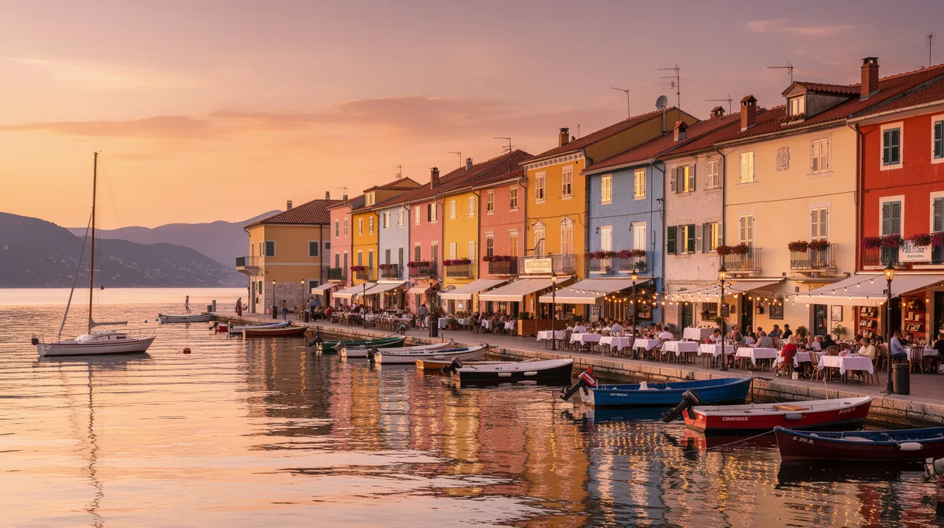 The image depicts a picturesque European coastal town at sunset, featuring colorful buildings lining the waterfront and outdoor restaurant terraces filled with diners enjoying their meals. This vibrant scene captures the essence of a popular tourist destination, where visitors can experience local cuisine and ambiance, potentially subject to the Greece tourist tax for their accommodation.