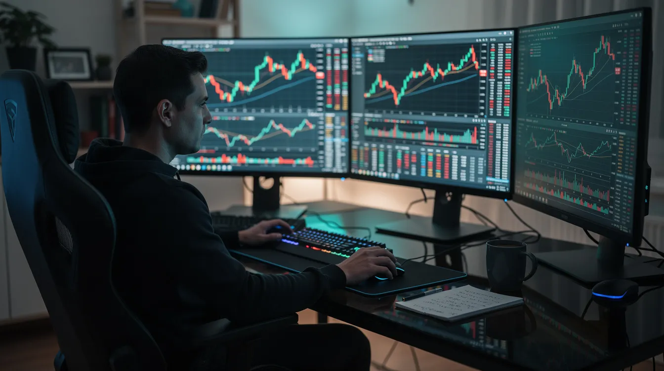 The image shows a focused individual sitting at a desk surrounded by multiple monitors displaying various forex trading charts and candlestick patterns, indicative of a retail forex trading environment. The setup suggests the use of advanced trading tools and platforms, ideal for experienced traders analyzing the foreign exchange market.
