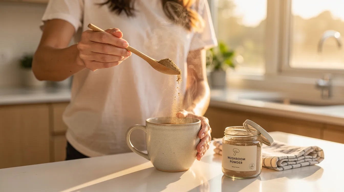 A person is seen adding mushroom powder, possibly a functional mushroom extract like lion's mane or turkey tail, to a steaming cup of morning coffee in a bright kitchen. This practice highlights the health benefits of incorporating mushroom supplements into daily routines to support cognitive function and overall well-being.
