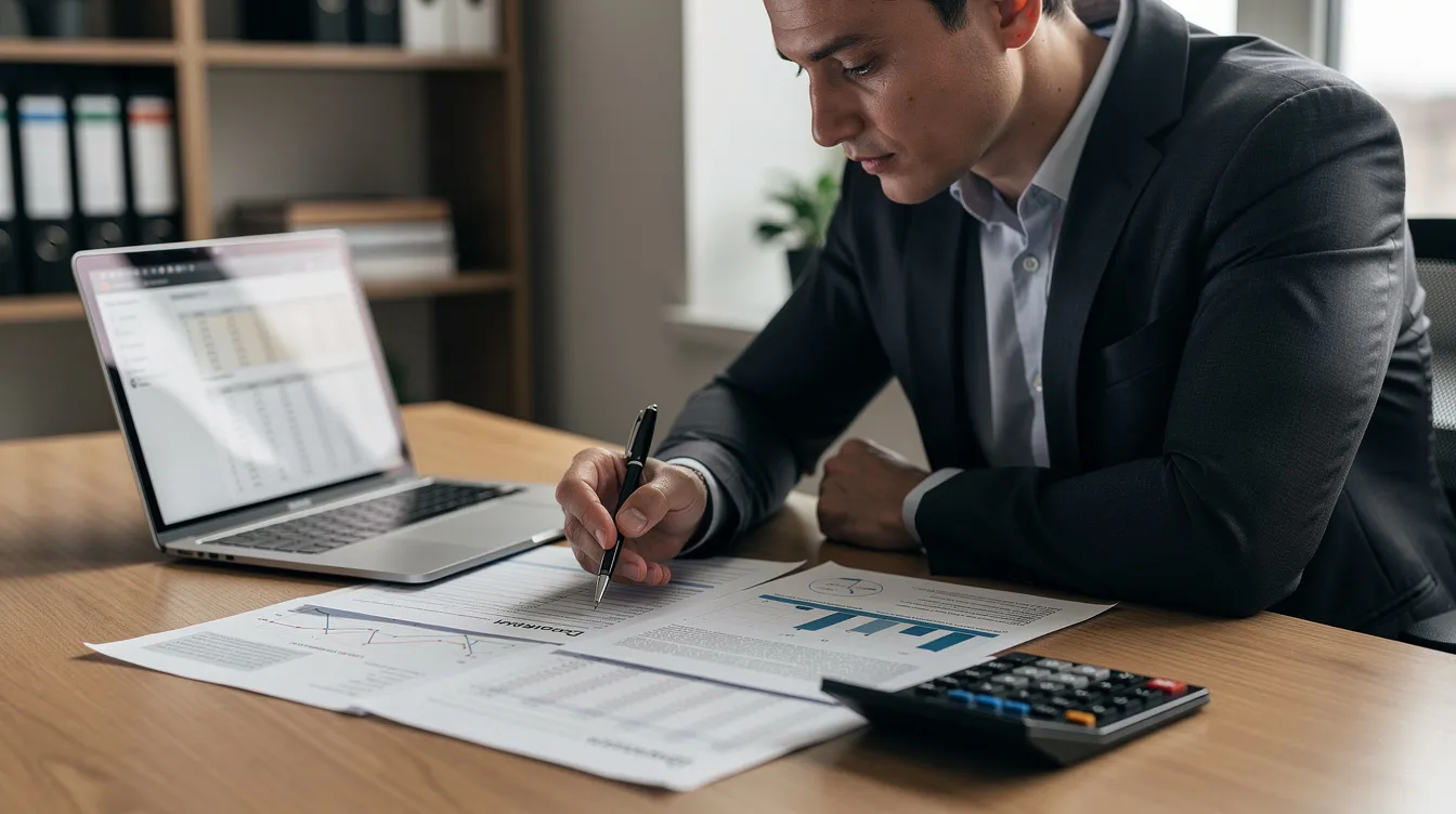 A business owner is seated at a desk, intently reviewing financial documents alongside a laptop and a calculator, as they strategize their retirement planning for business owners. The scene emphasizes the importance of retirement savings plans, such as 401(k) and SEP IRA, in achieving future financial independence.