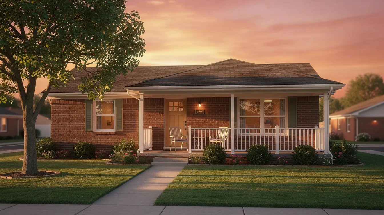 The image depicts a serene suburban brick home with a well-maintained front yard and porch, bathed in the warm hues of sunset. This peaceful Texas residence stands quietly on a residential street, creating a tranquil atmosphere.