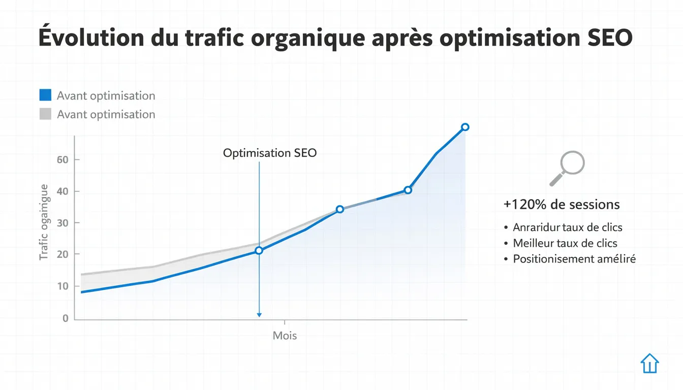 Ce graphique illustre l'évolution du trafic organique d'un site web après l'optimisation SEO, mettant en avant l'impact positif des stratégies de référencement mises en place par une agence SEO. On y observe une croissance significative des clics et de la visibilité sur les moteurs de recherche au fil du temps.