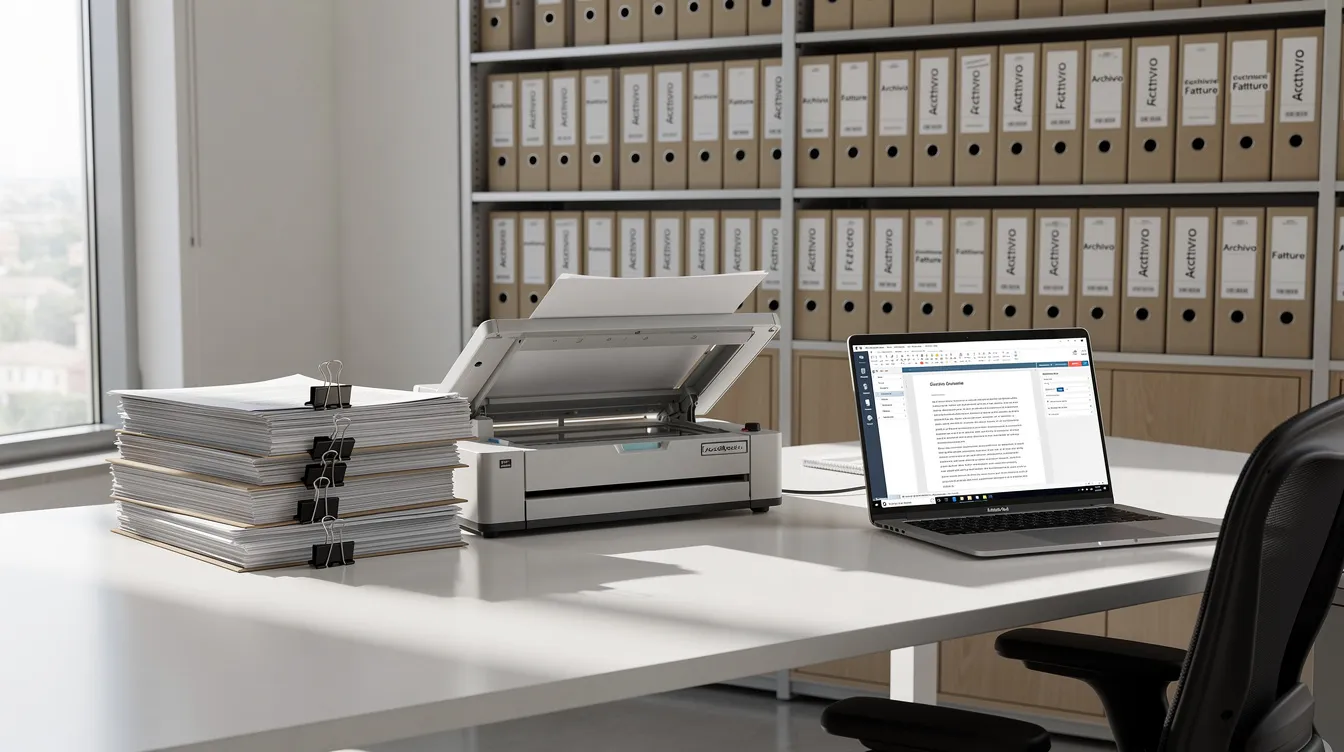 L'immagine mostra un archivio di documenti cartacei, un scanner e un computer portatile all'interno di un ufficio moderno, simbolo di un ambiente di lavoro dedicato alla gestione di pratiche relative a gare e appalti. Questi strumenti sono essenziali per la partecipazione alle gare e per il rispetto dei requisiti stabiliti dal codice dei contratti pubblici.