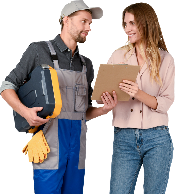 Handwerker im Gespräch mit Kundin, Werkzeugkoffer in der Hand haltend.