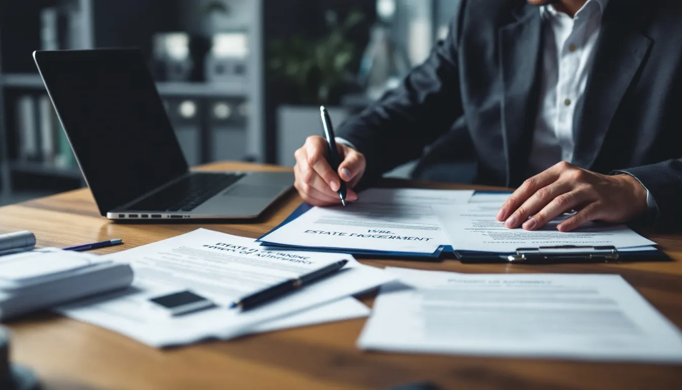 An individual is reviewing and signing estate planning documents, surrounded by various financial planning tools and resources aimed at securing their retirement goals. This scene emphasizes the importance of personalized advice and legal guidance in managing one's financial situation and preparing for retirement.