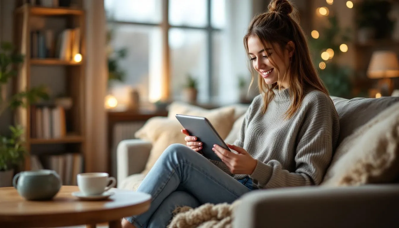 The image depicts a person comfortably reading an ebook on a digital device, surrounded by a cozy environment that contrasts with traditional printed books. This scene highlights the evolving reading habits of avid readers who embrace digital formats, such as ebooks versus print books, for their convenience and accessibility.