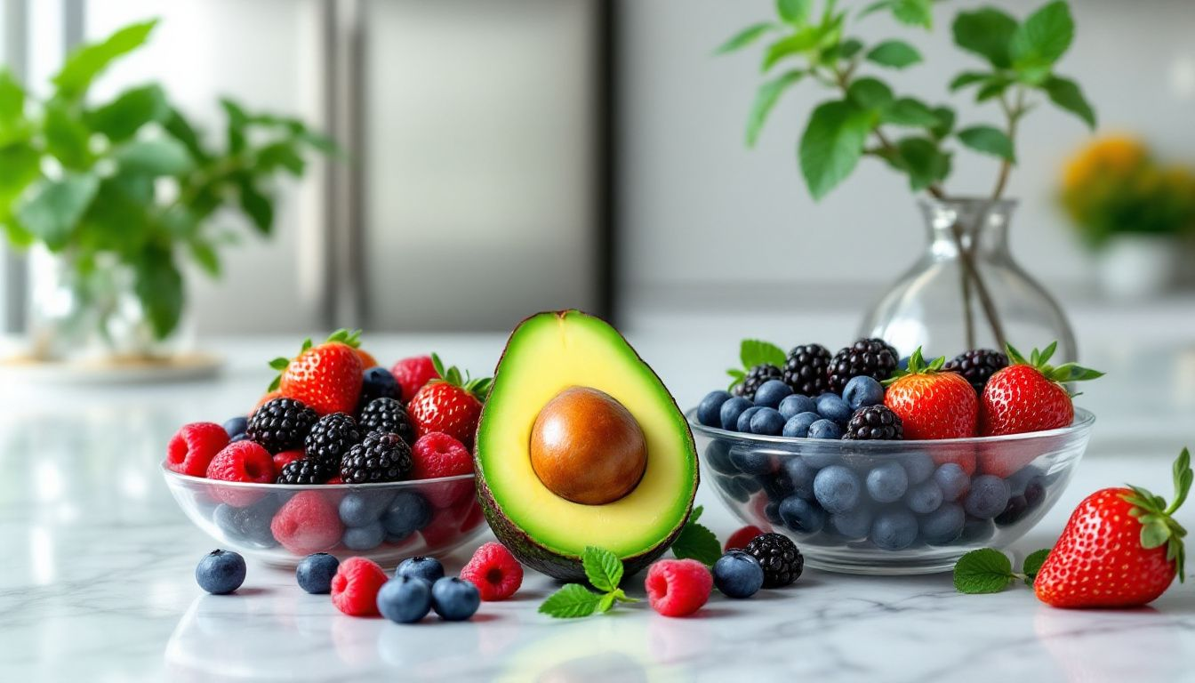 A colorful display of healthy foods suitable for a GLP-1 diet.