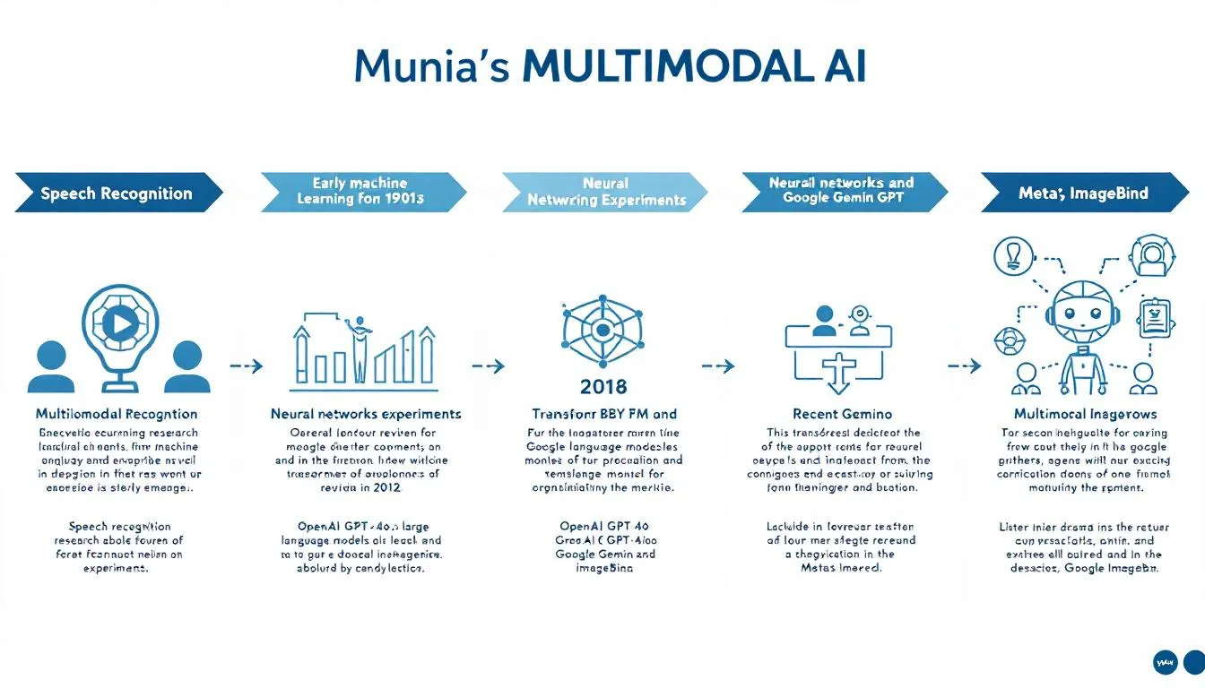 The image showcases the evolution of multimodal AI, highlighting its historical roots from speech recognition in the 1980s to the emergence of powerful multimodal systems like OpenAI's GPT-4o. This progression emphasizes how machines learn to perceive sound and understand human experiences, reshaping industries and facilitating genuine connections in the modern world.