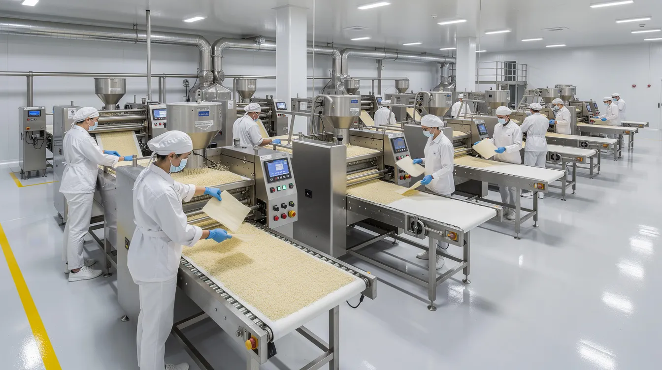 e238f8e8 a376 4eec b73d 1acb7c612251 The image depicts a modern food processing factory floor where workers in white uniforms are operating rice flattening machines, highlighting the rice processing industry. This scene emphasizes the importance of quality assurance and efficient machinery in the production of processed rice products, such as puffed rice and rice flour.