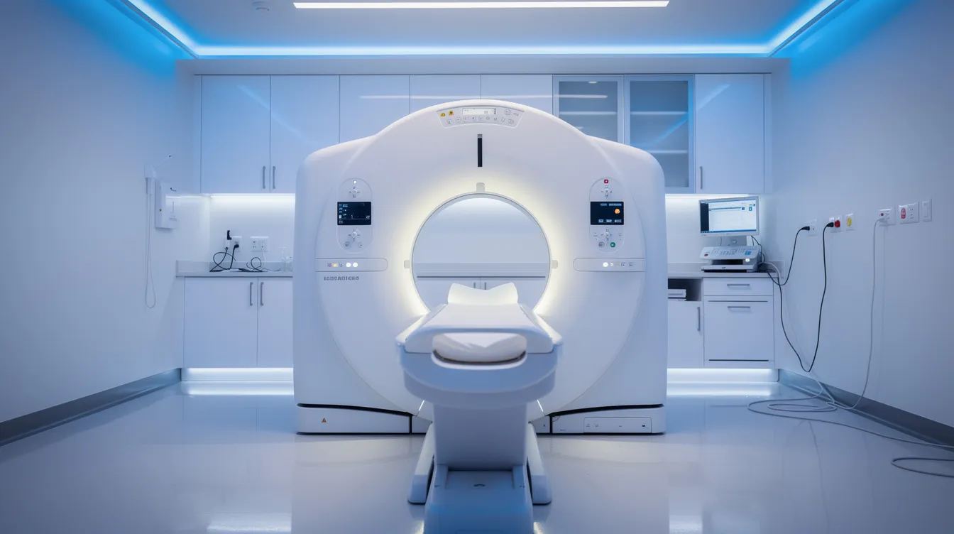 The image shows a medical CT scanner located in a hospital radiology room, illuminated by blue lighting, highlighting its advanced technology as an essential part of healthcare facilities for accurate diagnosis and treatment. The scanner is surrounded by various hospital equipment, emphasizing its role in the day-to-day operations of medical imaging.