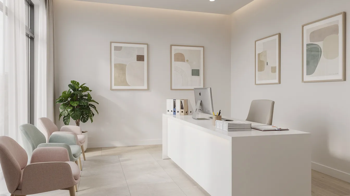 The image depicts a calm dental reception area featuring an organized workspace, with a welcoming atmosphere that includes comfortable seating and a neatly arranged front desk. This space is designed for efficient management of dental claims and insurance processes, providing a serene environment for patients and staff alike.