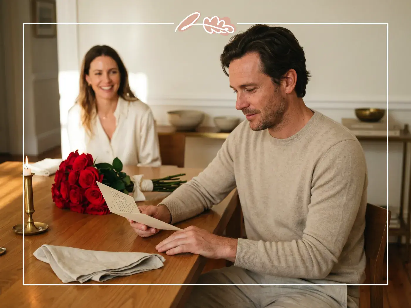 Husband reading heartfelt birthday wishes card from his wife with red roses bouquet on the table from Fabulous Flowers Cape Town since 1999