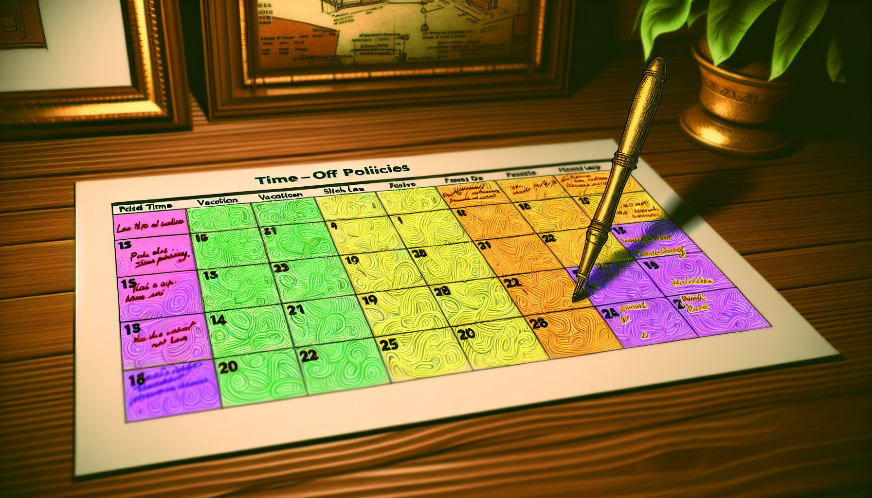 Calendar with marked holidays and vacation days