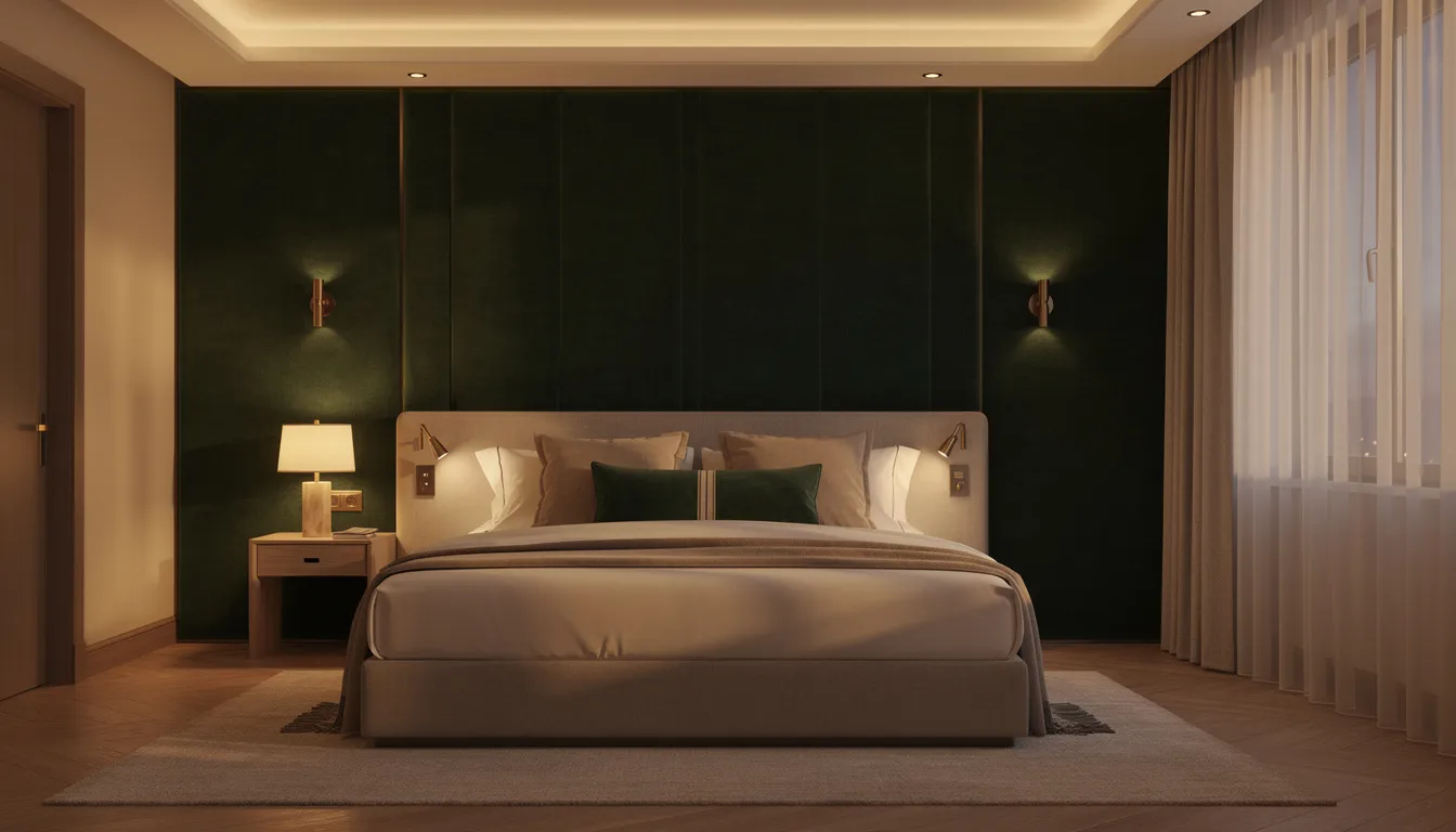 Een elegante hotelkamer met donkergroene velours wandpanelen en warme verlichting, die een luxe uitstraling en akoestische verbetering biedt. De gestoffeerde panelen creëren een sfeervolle ambiance en zijn perfect geïntegreerd in het stijlvolle ontwerp van de ruimte.