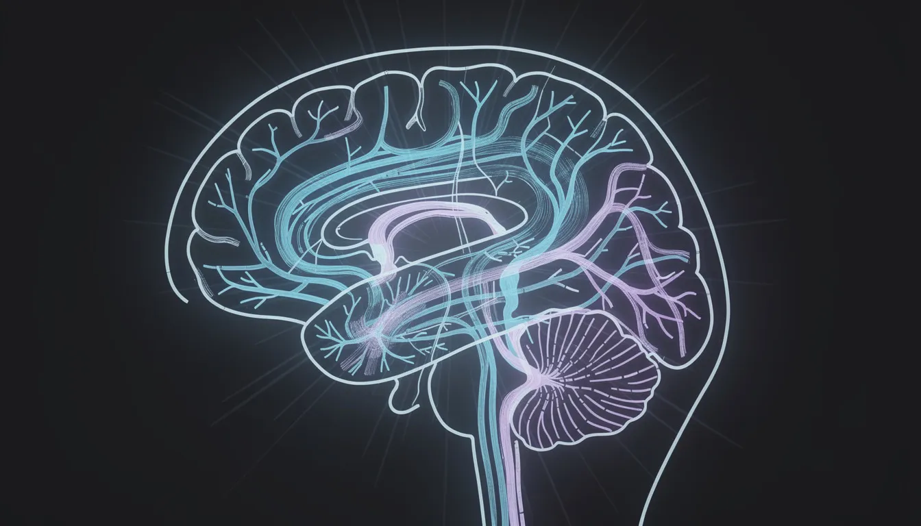 Die schematische Darstellung eines menschlichen Gehirns zeigt leuchtende Nervenbahnen, die die komplexe Struktur und Funktion des Organs verdeutlichen. Diese Darstellung könnte auch die Wirkung von Cannabinoiden wie HHC und THC auf das Gehirn symbolisieren, da sie oft mit neuronalen Prozessen in Verbindung gebracht werden.