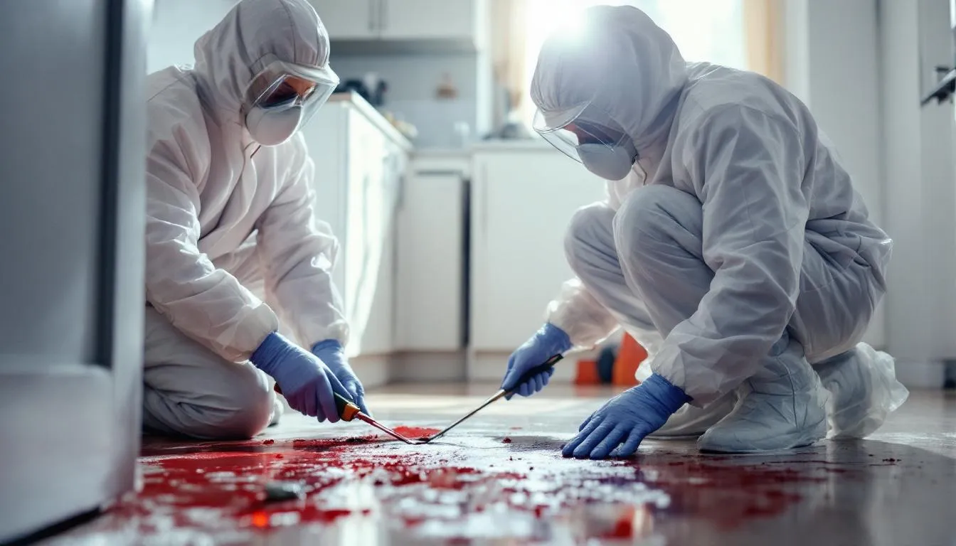 In the image, professional crime scene cleanup technicians are seen working diligently at a trauma scene, fully equipped with personal protective equipment to ensure safety while handling biohazardous materials. Their specialized services focus on biohazard cleanup and decontamination, addressing the aftermath of serious incidents in the metro Atlanta area.