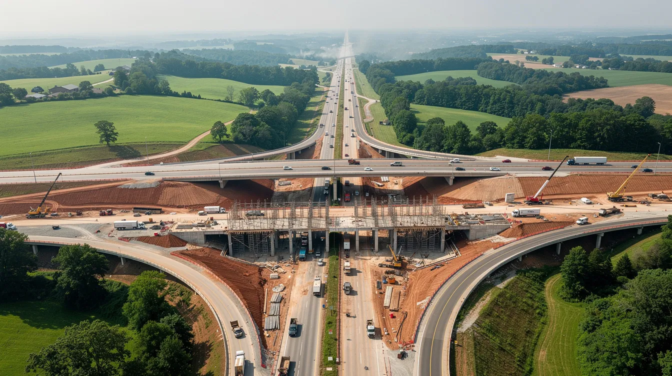 An aerial view captures a highway interchange under construction in a lush green landscape of Tennessee, showcasing the ongoing construction project. The image highlights the complexity of the construction site, emphasizing the efforts of project managers and contractors to develop this vital infrastructure.