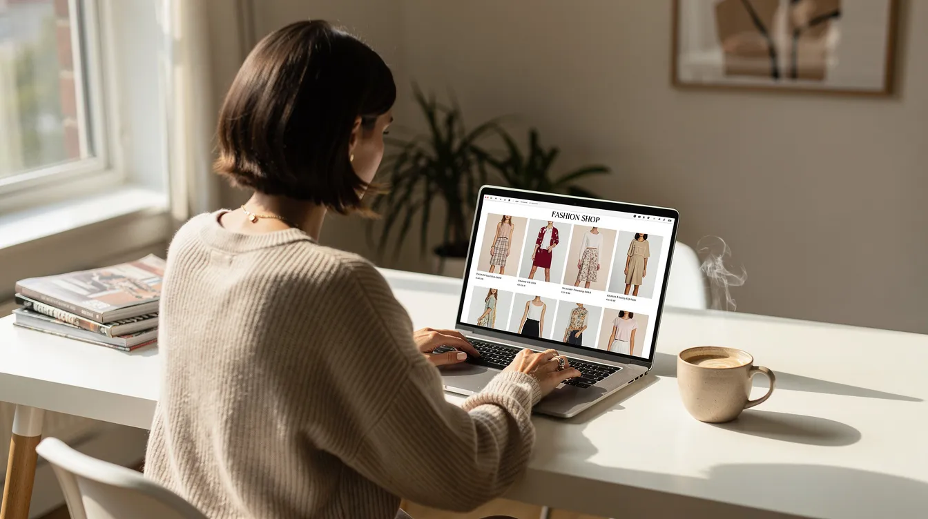 A person is seated at a bright desk, intently browsing a fashion website on their laptop, with a steaming cup of coffee beside them. The screen displays various clothing items and accessories, highlighting incredible savings and special deals for the summer sale 2026.