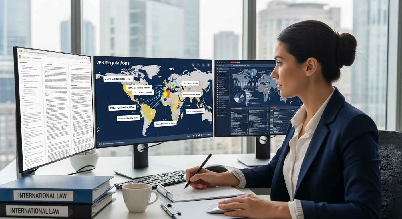 Corporate compliance officer reviewing global VPN regulations on a multi-screen international policy dashboard.