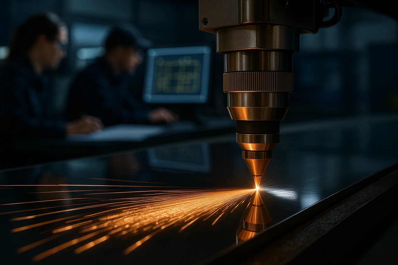 Close-up of laser cutter creating clean metal edges with sparks and digital CAD monitoring.