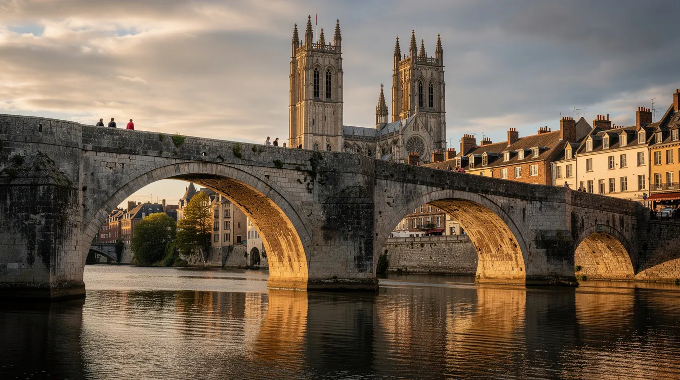 A imagem mostra uma ponte medieval de pedra atravessando um rio, com torres góticas ao fundo, em uma cidade europeia. O cenário evoca a rica história e arquitetura da região, atraindo turistas que apreciam o centro histórico e suas belezas.