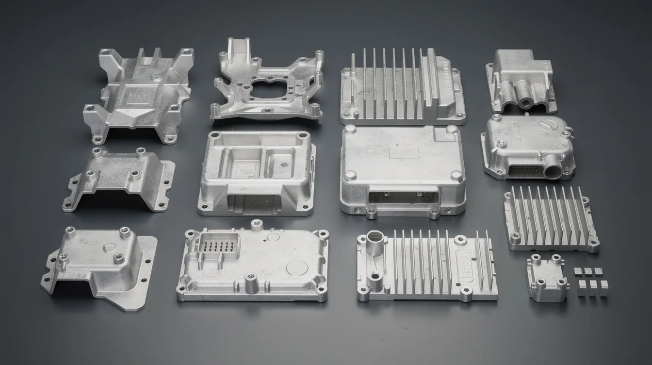 A collection of various aluminum die cast parts, including automotive brackets, electronic housings, and heat sinks, is displayed on a dark surface, showcasing the results of the high pressure die casting process that allows for complex shapes and excellent dimensional accuracy. The parts reflect the meticulous manufacturing process involved in producing castings with tight tolerances and smooth surface finishes.