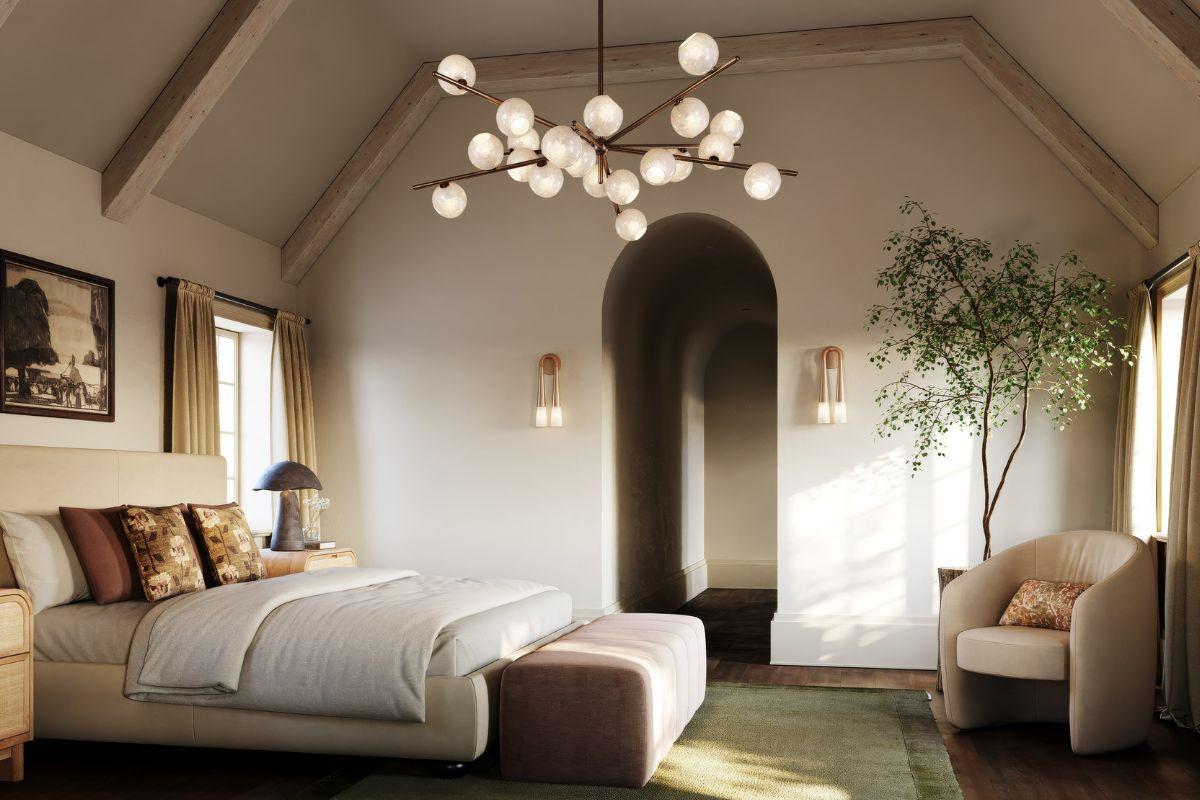 Bedroom with modern chandelier sized to fit vaulted ceiling, demonstrating proper scale